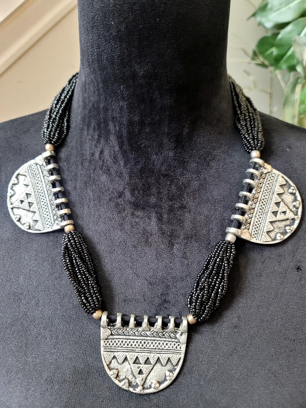Black Multi Strand Beaded Necklace Silver Tone Tribal Medallion Statement